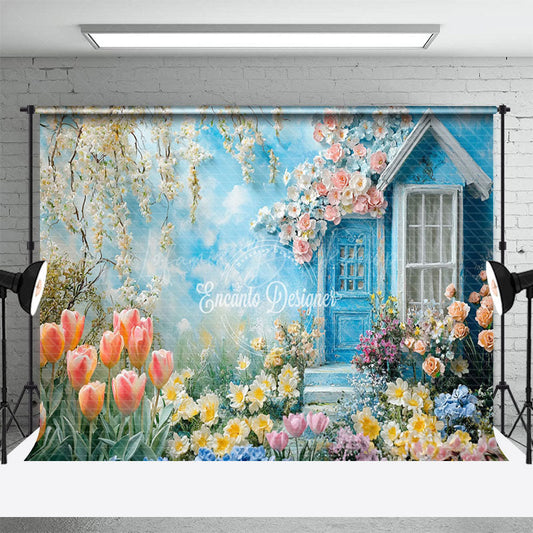 Lofaris Tulip Oil Painting Blue House Floral Spring Backdrop