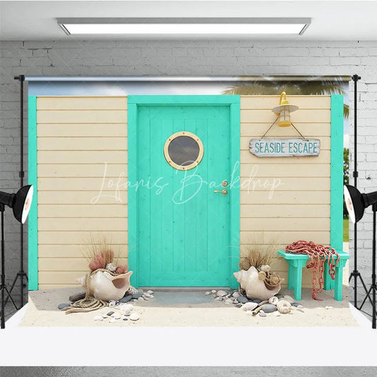 Lofaris Turquoise Door with Porthole and Wooden Wall Photography Backdrop Seaside Escape Beach Theme Decor for Summer Vacation