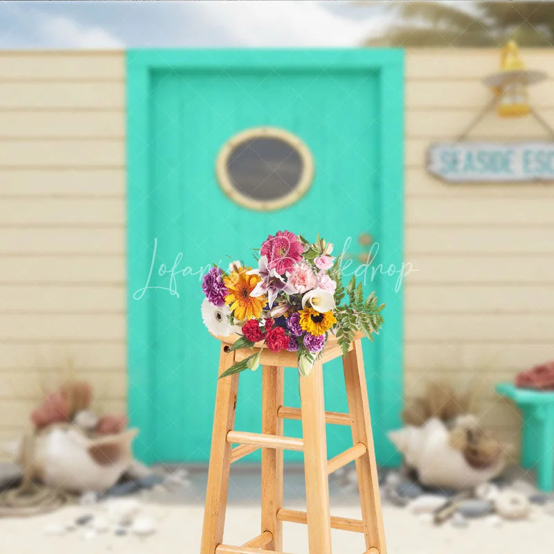 Lofaris Turquoise Door with Porthole and Wooden Wall Photography Backdrop Seaside Escape Beach Theme Decor for Summer Vacation