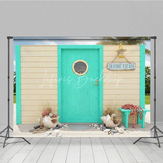 Lofaris Turquoise Door with Porthole and Wooden Wall Photography Backdrop Seaside Escape Beach Theme Decor for Summer Vacation