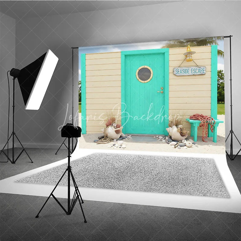 Lofaris Turquoise Door with Porthole and Wooden Wall Photography Backdrop Seaside Escape Beach Theme Decor for Summer Vacation