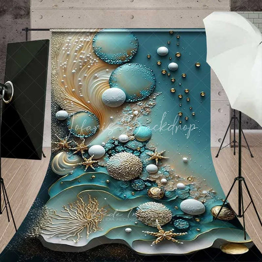 Lofaris Turquoise Water and Pearl Spheres Backdrop Gold Coral Starfish Abstract Marine Photography Background