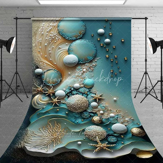 Lofaris Turquoise Water and Pearl Spheres Backdrop Gold Coral Starfish Abstract Marine Photography Background