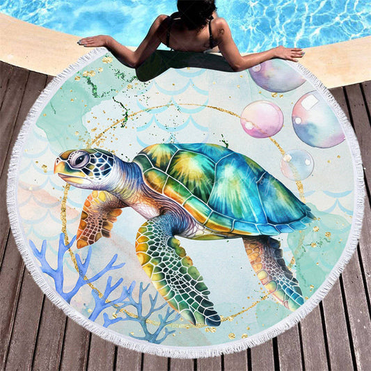 Lofaris Turtle Coral Summer Holiday Vibe Round Beach Towel