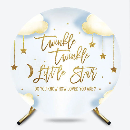 Lofaris Twinkle Little Star Round Backdrop Gold Moon and Clouds Blue Baby Shower Background