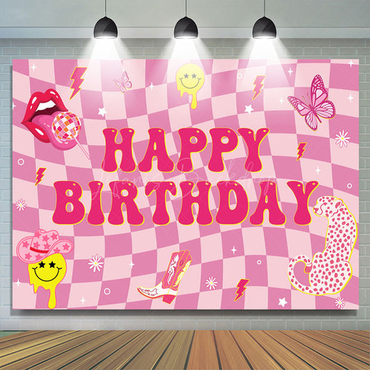 Lofaris Twisted Hot Pink Plaid Leopard Lip Birthday Backdrop