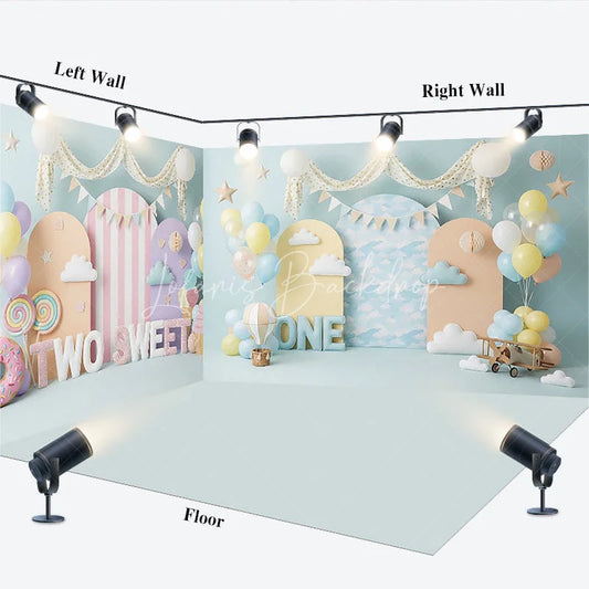 Lofaris Two Sweet and One Room Set Backdrop Blue Cloud Airplane Cake Smash Party Background