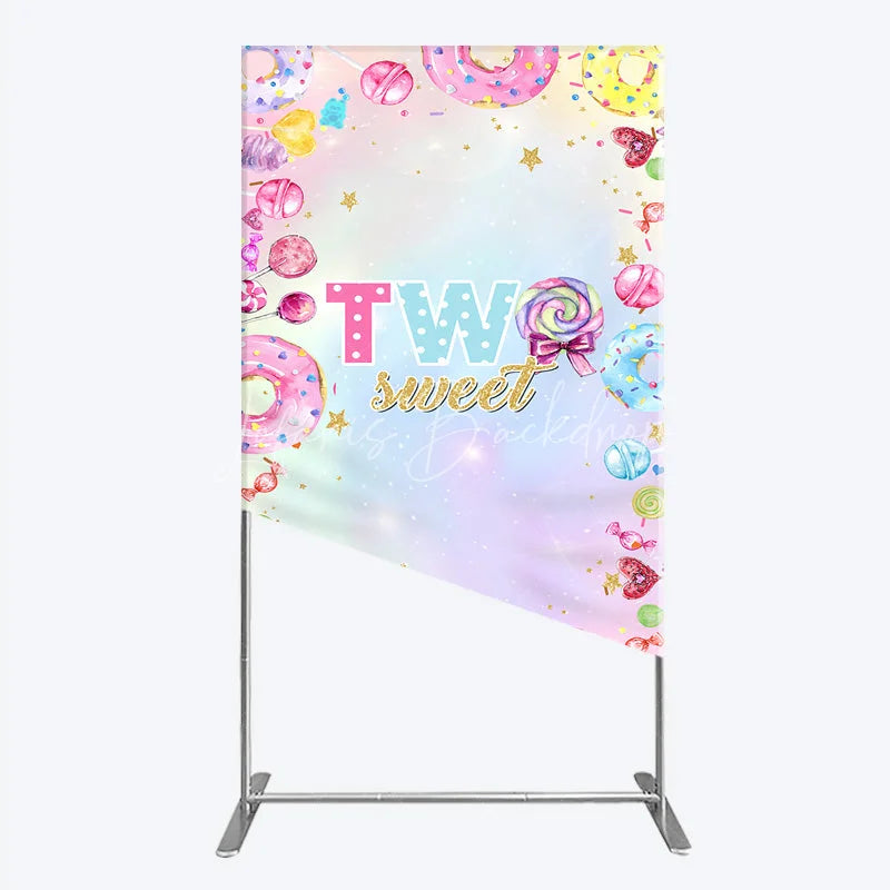 Lofaris Two Sweet Rectangleed Backdrop for 2nd Birthday Candyland Donut Lollipop Party Pastel Rainbow Dessert Table Decor