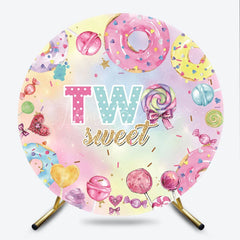Lofaris Two Sweet Round Backdrop for 2nd Birthday Party Donut and Lollipop Candyland Theme Photo Booth Decor Girls