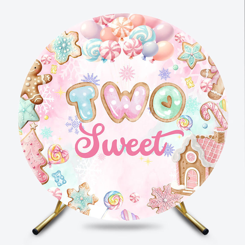 Lofaris Two Sweet Winter Candyland Round Backdrop Gingerbread and Cookies 2nd Birthday Christmas Themed Party Decor