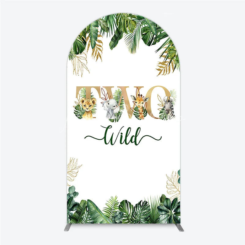 Lofaris Two Wild Safari Animals Birthday Arch Backdrop Jungle Tropical Palm Leaves 2nd Party Background