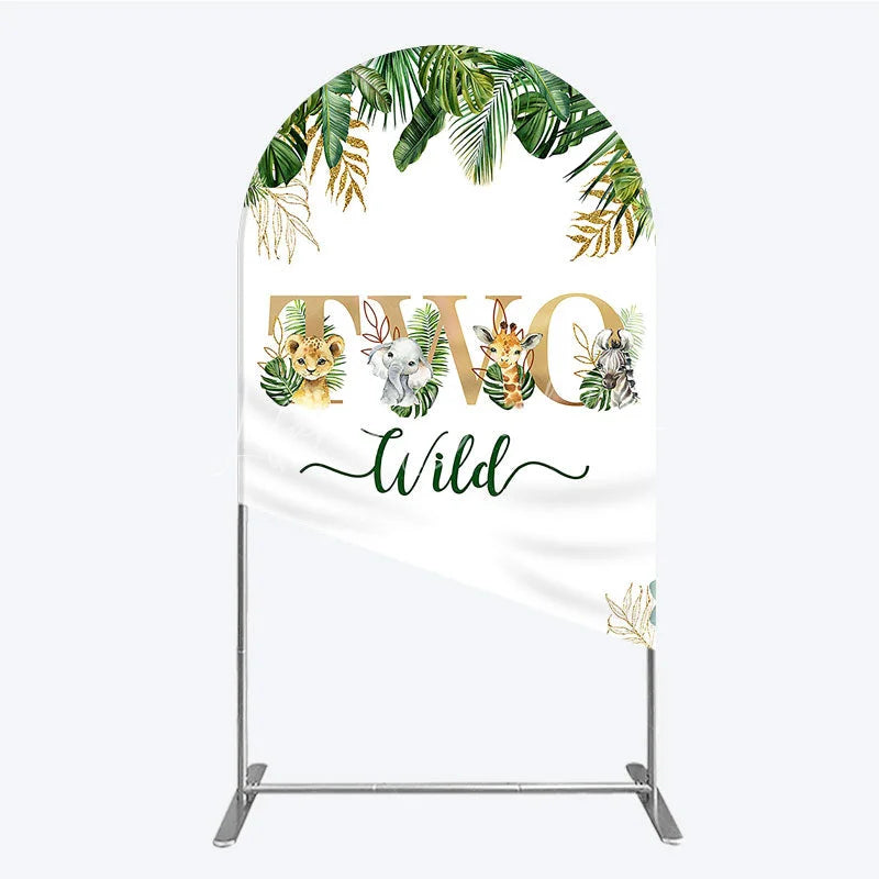 Lofaris Two Wild Safari Animals Birthday Arch Backdrop Jungle Tropical Palm Leaves 2nd Party Background