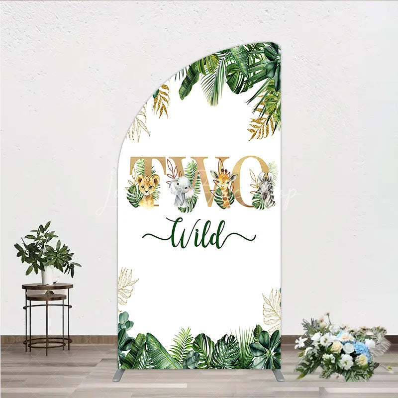 Lofaris Two Wild Safari Animals Birthday Half Moon Arch Backdrop Jungle Tropical Palm Leaves 2nd Party Background