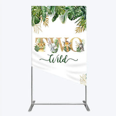 Lofaris Two Wild Safari Animals Birthday Rectangle Backdrop Jungle Tropical Palm Leaves 2nd Party Background