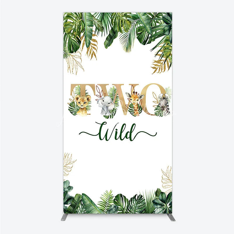 Lofaris Two Wild Safari Animals Birthday Rectangle Backdrop Jungle Tropical Palm Leaves 2nd Party Background