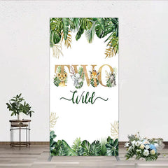 Lofaris Two Wild Safari Animals Birthday Rectangle Backdrop Jungle Tropical Palm Leaves 2nd Party Background