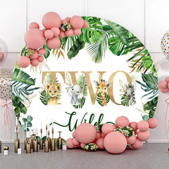 Lofaris TWO Wild Safari Animals Round Backdrop Tropical Jungle Leaves 2nd Birthday Party Decoration for Boy or Girl