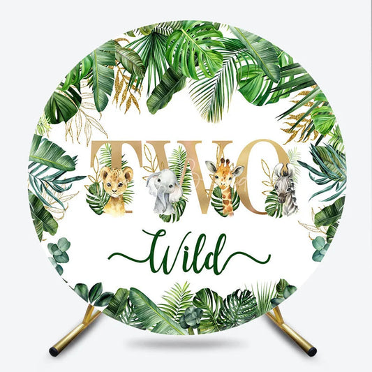 Lofaris TWO Wild Safari Animals Round Backdrop Tropical Jungle Leaves 2nd Birthday Party Decoration for Boy or Girl