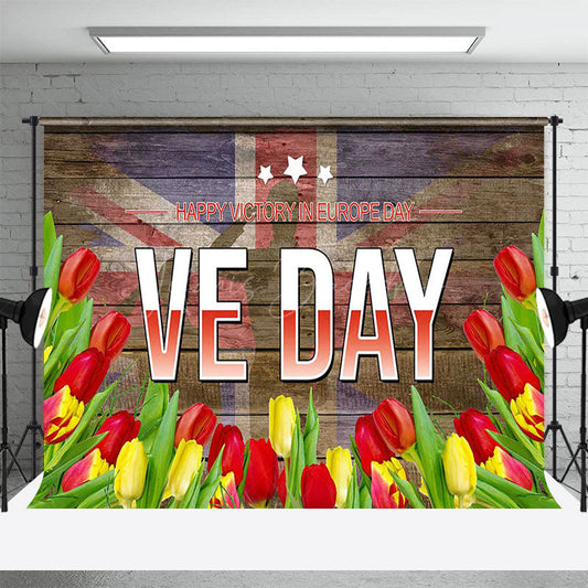 Lofaris Uk Flag Red Yellow Floral Wood Happy VE Day Backdrop