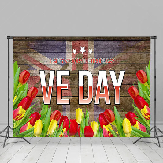 Lofaris Uk Flag Red Yellow Floral Wood Happy VE Day Backdrop