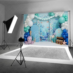 Lofaris Under the Sea Backdrop Cute Octopus and Treasure Chest Blue Ocean Arch Birthday Party Background