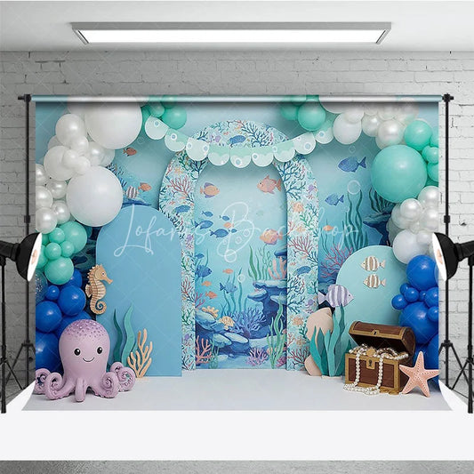 Lofaris Under the Sea Backdrop Cute Octopus and Treasure Chest Blue Ocean Arch Birthday Party Background