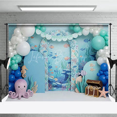 Lofaris Under the Sea Backdrop Cute Octopus and Treasure Chest Blue Ocean Arch Birthday Party Background