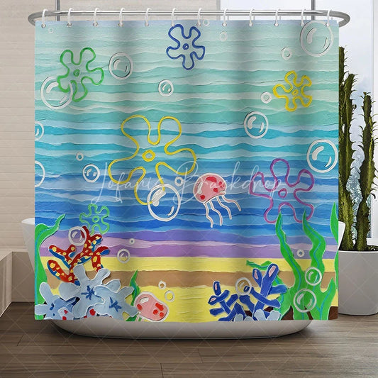 Lofaris Under the Sea Cartoon Shower Curtain Ocean Corals Jellyfish Bubbles Kids Fun Colorful Bathroom Decor