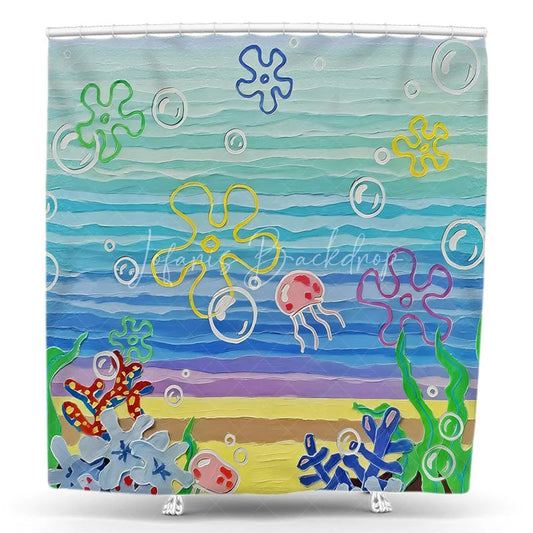 Lofaris Under the Sea Cartoon Shower Curtain Ocean Corals Jellyfish Bubbles Kids Fun Colorful Bathroom Decor