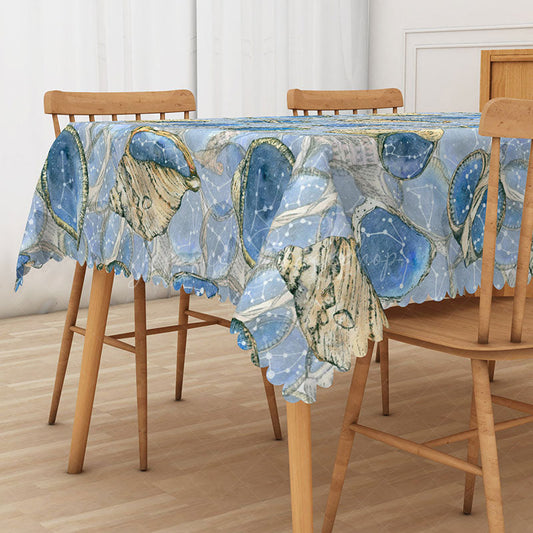 Lofaris Undersea Conch Pattern Rectangle Tablecloth in Blue and Khaki for Coastal Nautical Dining Decor