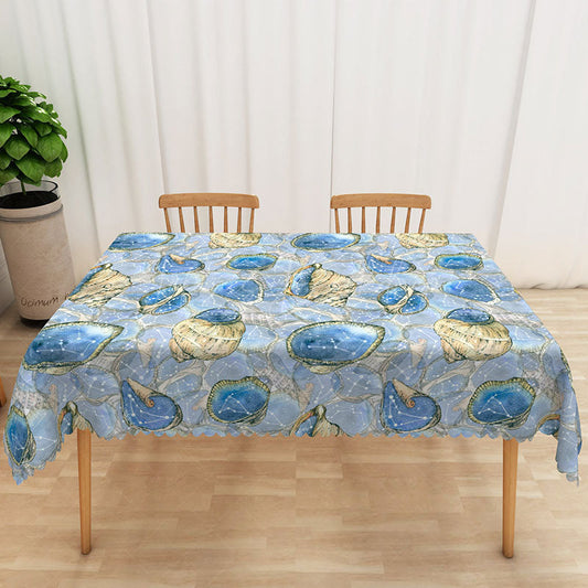 Lofaris Undersea Conch Pattern Rectangle Tablecloth in Blue and Khaki for Coastal Nautical Dining Decor