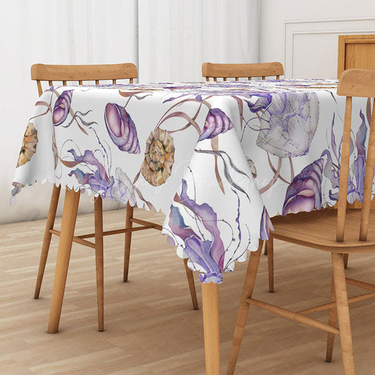 Lofaris Underwater Ocean Rectangle Tablecloth with Purple Jellyfish and Brown Snails for Marine Life Decor