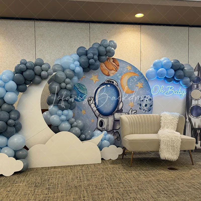 Lofaris Universe Galaxy Astronaut Blue Round Birthday Backdrop