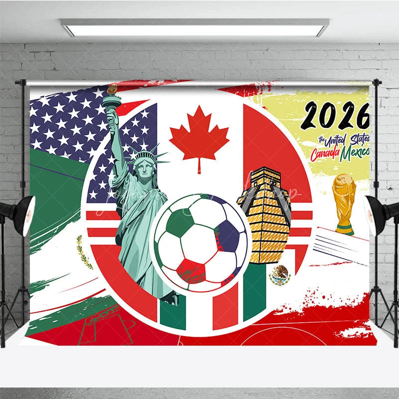Lofaris USA Canada Mexico 2026 Soccer Event Holiday Backdrop Global Sports Party Decoration with Flags and Golden Trophy
