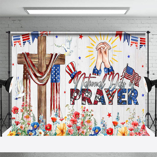 Lofaris Usa Flag Cross Floral National Prayer Day Backdrop