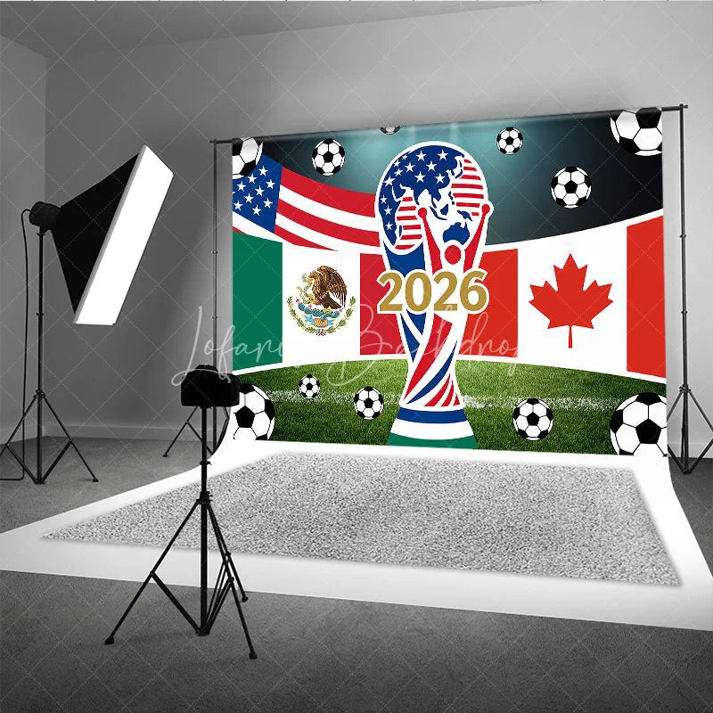 Lofaris USA Mexico Canada Flags and Soccer Balls 2026 International Football Celebration Holiday Backdrop Sports Event Decor