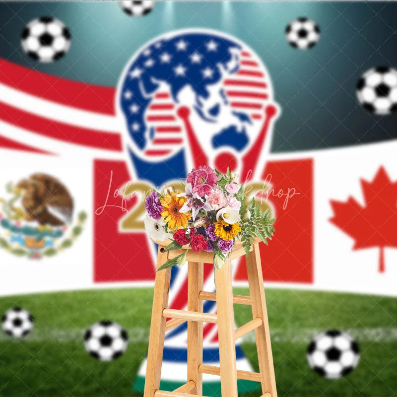 Lofaris USA Mexico Canada Flags and Soccer Balls 2026 International Football Celebration Holiday Backdrop Sports Event Decor