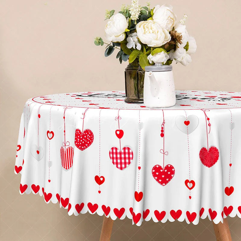 Lofaris Valentine Day Hanging Hearts Round Tablecloth Red Grid Love Text Table Cover Romantic Dinner Home Decor