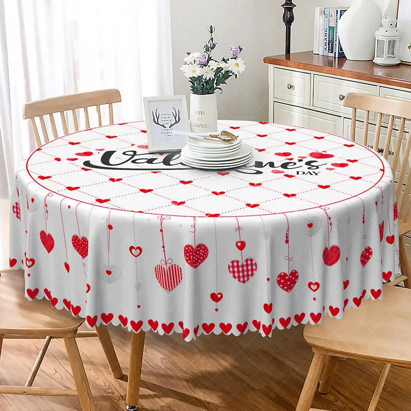 Lofaris Valentine Day Hanging Hearts Round Tablecloth Red Grid Love Text Table Cover Romantic Dinner Home Decor