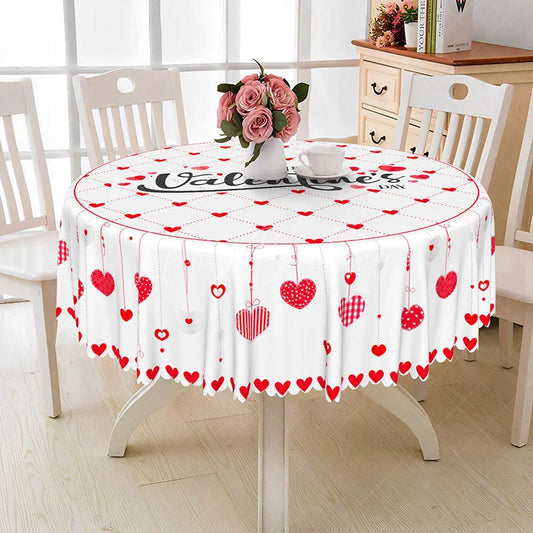 Lofaris Valentine Day Hanging Hearts Round Tablecloth Red Grid Love Text Table Cover Romantic Dinner Home Decor