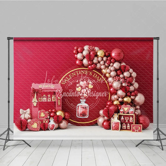 Lofaris Valentine Day Love Potion Backdrop Red Balloon Garland Magic Bottle Background Romantic Party Photography Decor