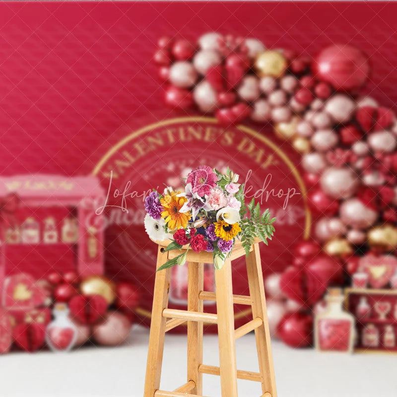 Lofaris Valentine Day Love Potion Backdrop Red Balloon Garland Magic Bottle Background Romantic Party Photography Decor