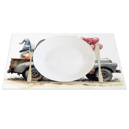 Lofaris Valentine Gnome Blue Truck Set of 4 Placemats Cute Love Heart Decoration Rustic Farmhouse Dining Table Mat