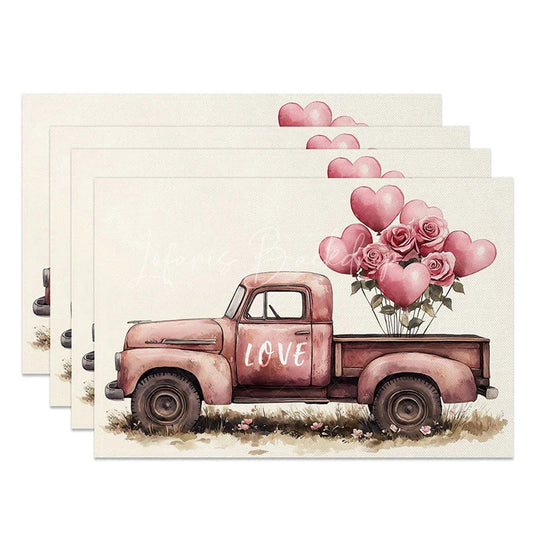 Lofaris Valentine Pink Truck Heart Balloon Set of 4 Placemats Romantic Rose Decoration Love Themed Dining Table Mat