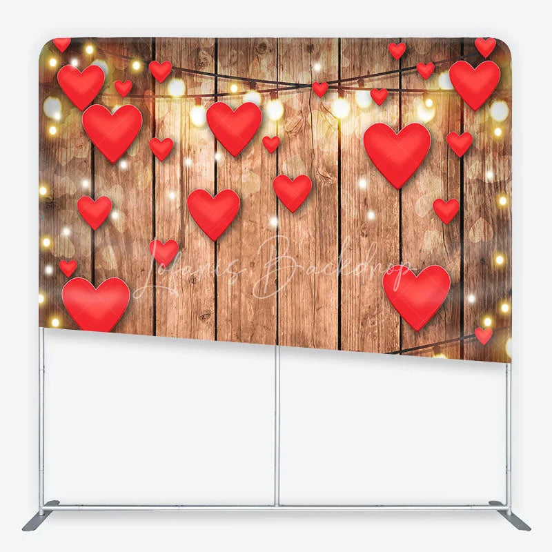 Lofaris Valentine Red Hearts and Wood Tension Fabric Backdrop Rustic Love String Light Photography Background