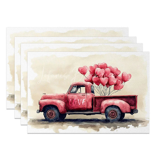 Lofaris Valentine Red Truck Heart Balloon Set of 4 Placemats Love Sign Party Decoration Rustic Romance Table Mat