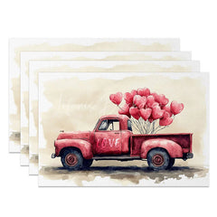 Lofaris Valentine Red Truck Heart Balloon Set of 4 Placemats Love Sign Party Decoration Rustic Romance Table Mat