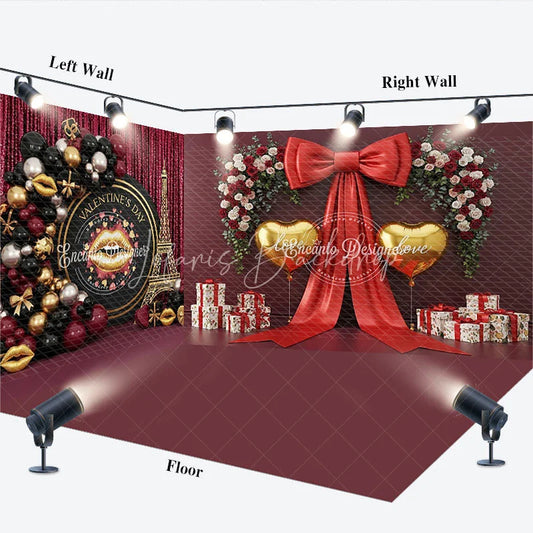 Lofaris Valentine Room Set Backdrop Paris Eiffel Tower Balloon Arch Photography Prop Red Bow Gold Heart Photo Background