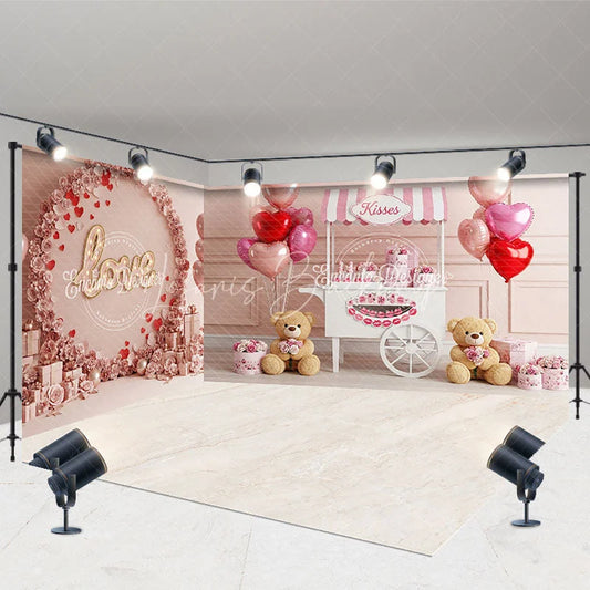 Lofaris Valentine Room Set Backdrop Pink Kisses Stand Teddy Bear Photography Prop Love Floral Wall Photo Background