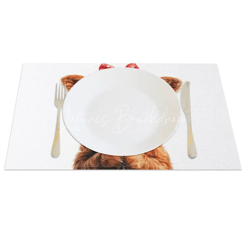Lofaris Valentine Set of 4 Placemats Baby Highland Cow Love Glasses Sweet Lollipop Red Bow Dining Decor